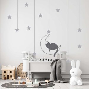 Vinilo Infantil de Luna, Gato y Estrellas