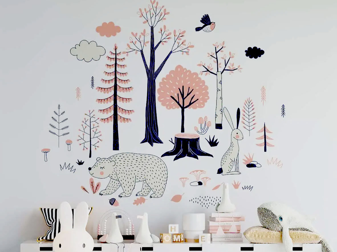 animales del bosque Arkanta vinilo decorativo en colores rosa y azul de animales y bosque por Arkanta decoracion